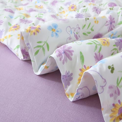Wajade Floral Comforter Set Bed in A Bag Queen Size 7 Piece Purple Flower Green Leaves Rabbits Bedding Set for Girls (1 Comforter, 1 Flat Sheet, 1 Fitted Sheet, 2 Pillowcase and 2 Pillow Sham) by Wajade - Used condition - Image 5