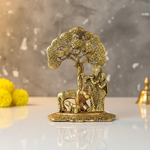 Image of Brass Finish Metal Lord Krishna with Cow and Tree Statue - Spiritual Hindu Art Decor for Home, Office, and Pooja Room - 5.7-inch Elegant Statue of Krishna