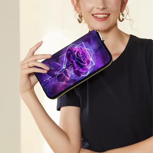 Image of Women's Wallets,Credit Card Holder Money Leather Long Wallet with Wristlet,Large Capacity with Zip-Around Phone Purse for Women Ladies Girls,Luminous Purple Rose