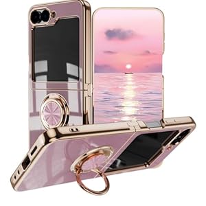 BORYA Ultra Dünn Hülle für Samsung Galaxy Z Flip5 (Flip 5) 5G, Stoßfest Handyhülle, TPU Bumper Weiches Silikon Schutzhülle mit Galvanisieren Goldkante 360°Ring Ständer, Violett