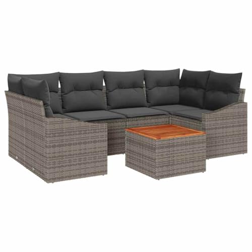 SooIarix Juego de 7 sofás de jardín de polirratán gris con marco de madera de acacia, resistente a la intemperie, modular, con espacio de almacenamiento para jardín, salón y balcón, sofá exterior
