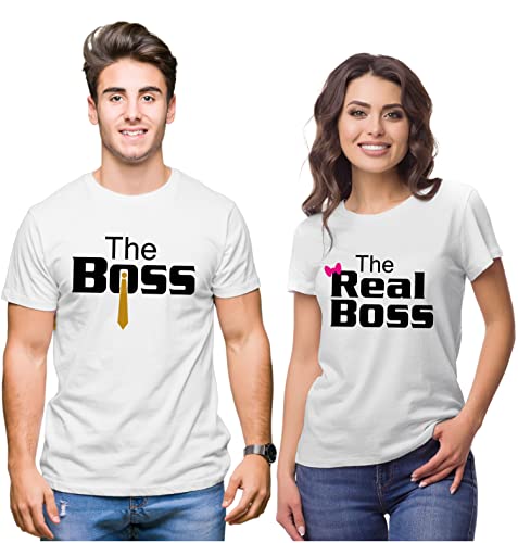 Image of Hangout Hub Hangout-Hub024$P Couple Tshirts for Couples | Printed The Boss The Real Boss T-Shirts | Men's and Women's Round Neck T-Shirt (Pack of 2, Cotton, Half Sleeves)