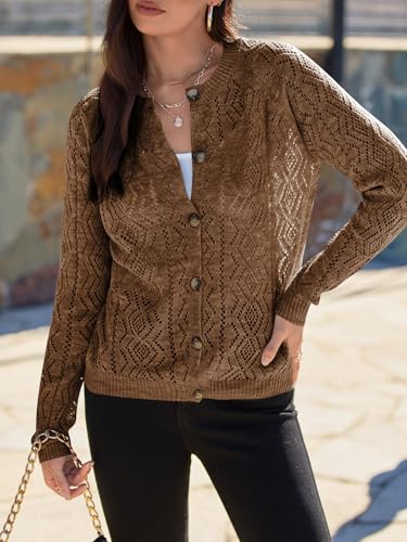 Image of OYOANGLE Women's Crochet Knit Lightweight Cardigan Button Down Long Sleeve Cardigans Sweater Tops