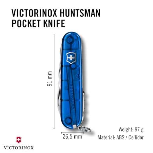 Image of Victorinox Huntsman Swiss Army,15 Function Pocket Knife, Blue Transparent | Swiss Made Multi-Tool with Wood Saw, Scissors & Screwdriver Compact Design for Camping, Hiking and Daily Carry