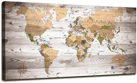World Map Wall Art for Office Vintage Wood Grain World Map Poster Canvas Prints With Your Photos Nautical Decor Modern Framed Art Map of The World Wall Art for Living Room Travel Memory Home Decor