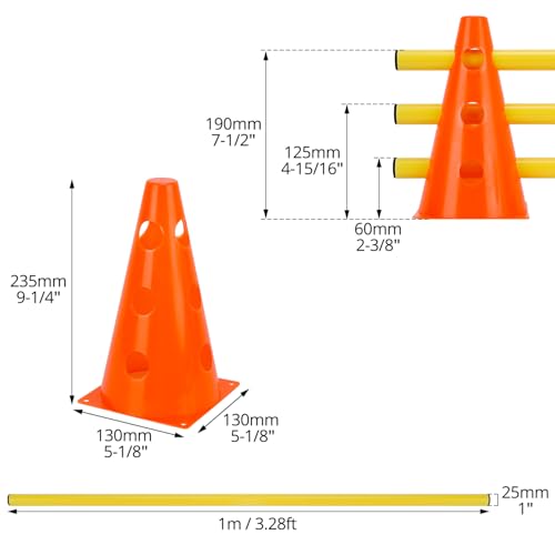 QWORK® Sports Steckhürdenset 12 Kegel + 6 Stangen Agility,23cm Höhe, 100cm Länge, Steckhürdenset für Koordinationstraining