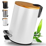 HIBATH® Kosmetikeimer mit Bambusdeckel - Badezimmer Mülleimer mit softclose Absenkautomatik - hochwertiger Badmülleimer – Bad Mülleimer – Abfalleimer Treteimer WC Eimer (3 Liter, weiß)