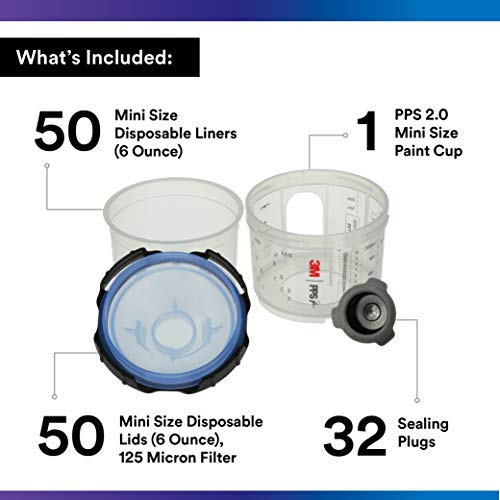 Image of 3M PPS 2.0 Spray Gun Cup, Lids and Liners Kit, 26314, Mini, 6 Ounces, 125-Micron Filter, Use for Cars, Furniture, House and More, 1 Paint Cup, 50 Disposable Lids and Liners, 32 Sealing Plugs
