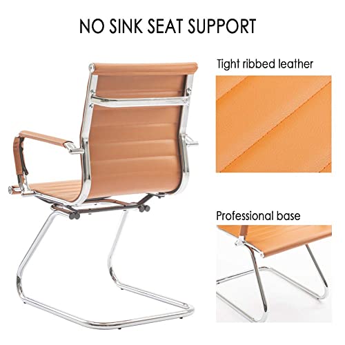 Image of Office Desk Chair Set of 4,No Wheels PU Leather Computer Chairs Mid Back Guest Chairs with Seld Base for School /Reception /Conference /Waiting Room, Terracotta