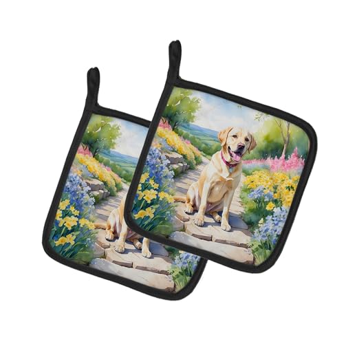 Caroline's Treasures Labrador Retriever Spring Path Pair of Pot Holders Kitchen Heat Resistant Pot Holders Sets Oven Hot Pads for Cooking Baking BBQ, 7 1/2 x 7 1/2