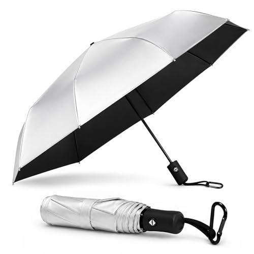 Winkabiu UPF 50+ Sun Umbrella 41 Inch, Automatic Open & Close Windproof Travel Umbrella for Sun Protection, Compact Folding UV Blocking for Beach, Golf, Hiking & Daily Use (Silver/Black)