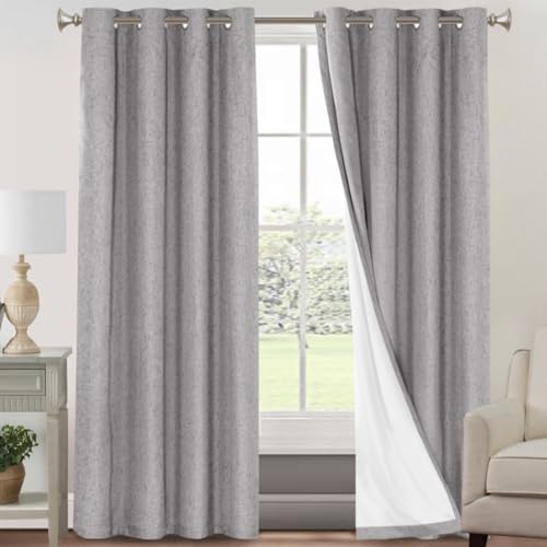 Image of PrinceDeco 100% Blackout Curtains 90 inches Long for Bedroom Dining Room Soundproof Window Treatment Drapes with White Liner Noise Reducing Linen 90 Inch Blackout Curtains,Light Grey,52 x 90 Inch