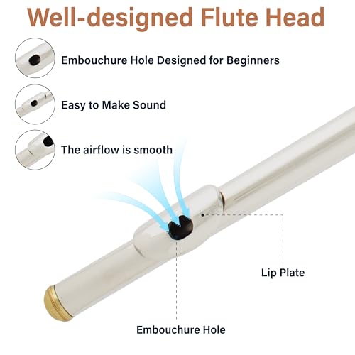 Image of Mendini by Cecilio 16 Keys Closed Hole C Flute Kit for Beginners - Gold | Beginner Flute Kit with Carrying Case, Stand, Tuning Rod, Adjustment Screws, Cork Grease, Lesson Book, Cleaning Kit, Gloves