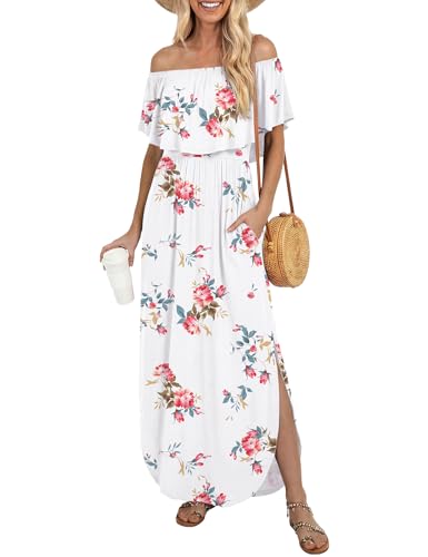 LILBETTER Women Floral Print Off Shoulder Maxi Dresses (F White,Medium)