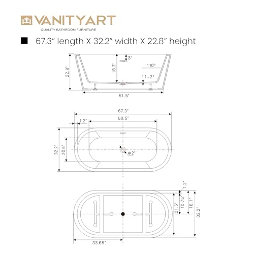Vanity Art 68\" x 32\" Acrylic Freestanding Bathtub | Modern Stand Alone Soaking Tub with Overflow and Pop-up Drain, UPC Certified VA6815-L-ORB - Thumbnail 3