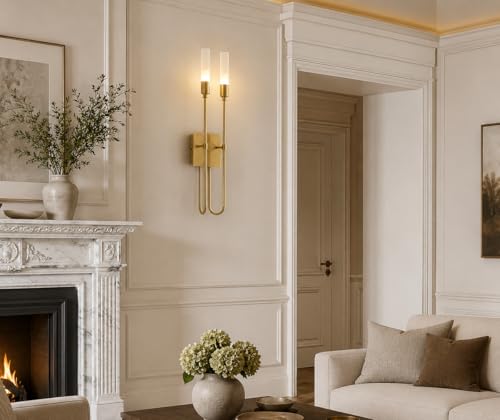 Image of Long Metal Wall Light, Double-Arrow Double Wall Sconce, Gold U-Shaped Fixture with Glass Shade, Contemporary Indoor Lighting for Bedroom, Living Room, Home Decoraiton with Bulbs, Golden