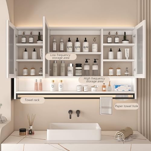 Botiquín para baño con espejo HD y luces LED, montaje en pared, almacenamiento inteligente con desempañador, botiquines iluminados para baño con display de hora y temperatura, soporte para toallas miniatura 7