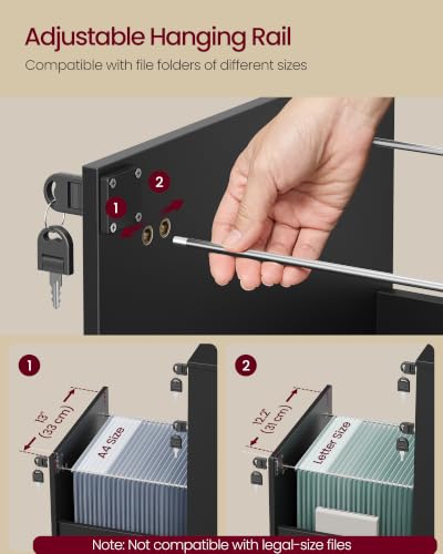 Image of VASAGLE 3-Drawer Mobile File Cabinet, Home Office, Locking, Printer Stand | Highlight: Small Rolling, A4, Letter-Size Hanging File Folders, Ink Black, CUSTOS Collection UOFC084BC01SV1