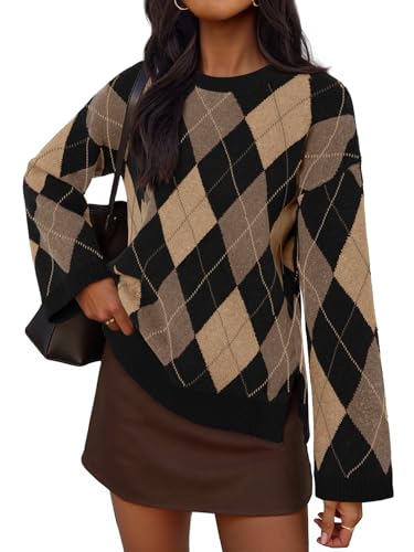 MEROKEETY Women's Long Sleeve Sweaters 2025 Fall Argyle Plaid Crewneck Loose Color Block Knit Pullover Tops, Black, X-Large