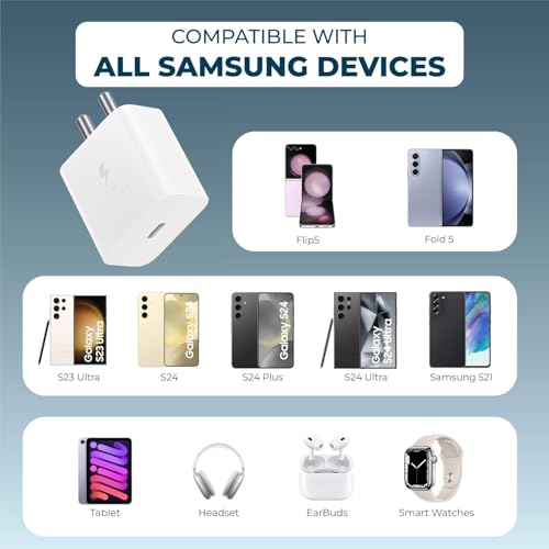 Image of Original 25W Charger Adapter with Type C to C Cable, Fast Charger Compatible with Samsung Galaxy A15 /M35 /A35 /A55 /M05 /M16 /F15 /M17| M36 /M07 /F34 /F16 /F54 /A14 /S23 /S24 /S25 / Fold /Flip /Tab, White