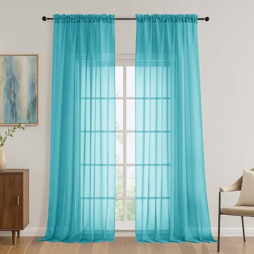Image of OVZME Turquoise Bedroom Curtains 2 Panel Sets 96 Inch Length, 59 Inch Extra Wide Light Filtering Voile Drapes Light Airy Window Drapes for Patio Door Living Room Bedroom Dining, 59Wx96L Inches