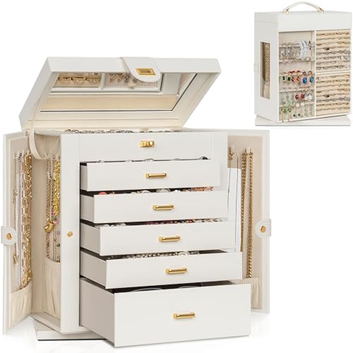 AKOZLIN Jewelry Box 6-Tier Organizer Functional 360° Rotating Jewelry Storage Case for Women Girls Ring Necklace Earring Bracelet Holder with Mirror