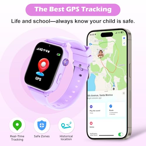 Image of 4G Kids Smart Watch with GPS Tracker, Video Call & Texting, Smart Watch for Kids with SIM Card, SOS, School Mode, HD Camera, Pedometer, Kid Watch Gift for Boys Girls Age 4-12, Violet