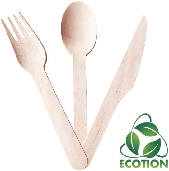 Featured Product Disposable Wooden Cutlery by ECOTION | Party Set | Eco-Friendly | Biodegradable | 100% All-Natural | Disposable Utensils | Show Your ECOTION! | Set of 200 | 100 Forks, 50 Spoons, 50 Knives