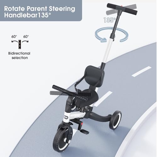 Image of newyoo Toddler Bike, 4 in 1 Tricycles for 1,2,3 Year Olds, Balance Bike, Birthday Gift and Toy for Boys and Girls, Kids Tricycle with Parent Steering Push Handle, Removable Pedals, White, TR007