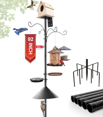 eWonLife 92 Inch Bird Feeder Pole with Squirrel Baffle & Upgraded 9-Prong Base, Adjustable Bird House Pole for Outdoors Heavy Duty, Bird Feeder Stand Post Station with 4 Shepherd Hooks, Birdbath, Tray