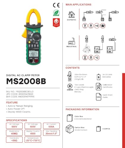 MASTECH MS2000G MS2001/C MS2006B MS2008 MS2009A/C Pinzas Amperimétricas Digitales Multímetro Profesional MS2008B miniatura 2