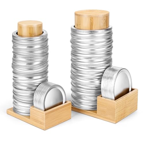 2PCS Mason Jar Lid Organizer & Holder (Wide Mouth & Regular Mouth) Bamboo Ball Jar Wooden Storage Accessories for Home Kitchen Organization Fit Mason/Canning/Bamboo Lids, Holds 20 Lids & 20 Rings
