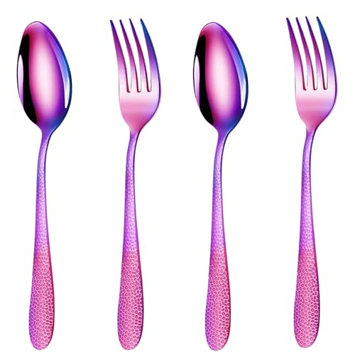 Image of Rainbow Hammered 4-Piece Cutlery Set | 2 Tablespoons & 2 Dinner Forks (8.1 inch) | Durable Stainless Steel Tableware for Home, Restaurants, and Gift Giving