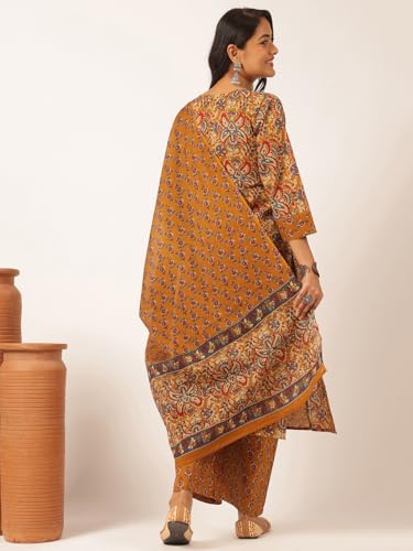 Image of Vbuyz Women's Printed & Embellished & Mirror Work Straight Cotton Stitched Kurta set | Straight Kurta Pant Dupatta | Kurta Set with Dupatta for Women | Suit Set | Ethnic Set | Printed Kurta Set