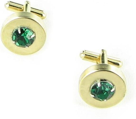 Gold Tone Green Rhinestone Round Design Cuff Links Cufflinks Mens
