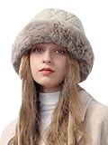 JFAN Winter Damen Fischerhüte Plüsch Winter Kunstpelz Cloche Hut mit Fleece Futter Warm Flauschige Eimer Hut mit Kälte-Ohrenschützer und Verstellbare Schnürung,Beige