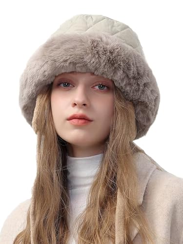JFAN Sombrero de Pescador Invierno para Mujere Gorro Pescador con Cordón Orejeras Forro Felpa Cálido Bucket Hat,Beige