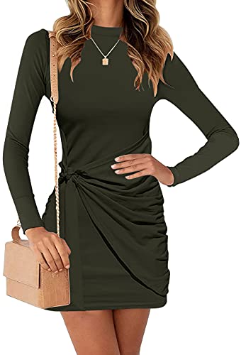 Chriselda Womens Green Mini Dress Tie Waist Dress Women Stretchy Bodycon Short Dresses 2022 Casual T Shirts Dress Army Green Small