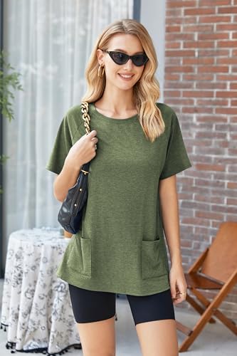 Image of Ekouaer Two Piece Sets for Women Summer Outfits 2026 Lounge Set Crew Neck Tshirts Biker Short Sweatsuit with Pocket