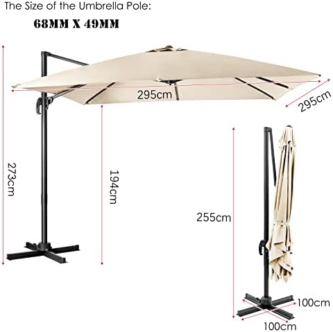 COSTWAY 3m Garden Cantilever Parasol, 3 Positions Adjustable Square Overhanging Umbrella with Cross Base, Crank Handle & Foot Pedal, 360° Rotation Outdoor Patio Offset Market Umbrellas