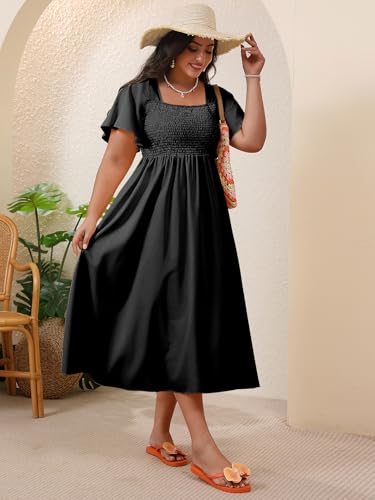 Image of Floerns Women's Plus Size Floral Square Neck Flounce Short Sleeve A Line Maxi Dress