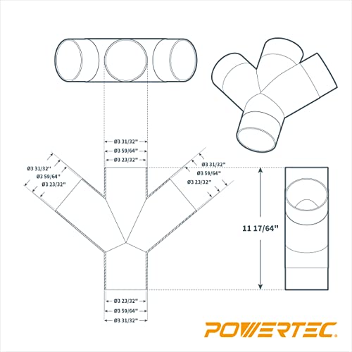 POWERTEC 70275V 3-Way Dust Collection Fitting for 4 in Hose & Cuff, 1 PK,Black by POWERTEC - Image 2