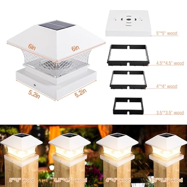 Brizled 6 Pack Warm White Solar Post Cap Lights, Wooden PVC/Vinyl Fence Top Solar Lights Fit 3.5x3.5 4x4 4.5x4.5 5x5, Outdoor Fence Post Light Decoration for Wooden Posts Deck Patio Graden, White