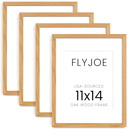 Image of FLYJOE 11x14 Oak Wood Picture Frame with Mat for 8x10, 11 by 14 USA-Sourced Natural Solid Wooden Photo Frame for Wall Display, Shatterproof Plexiglass, Hanging Hardware Included, 4 Pack, Natural