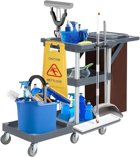 Heavy-Duty Janitorial Cleaning Cart with Wheels, 3-Shelf Rolling Housekeeping Trolley with 16-Gallon Trash Bag – 220 Lb Capacity Utility Cart for Hotels, Schools, Offices & Apartments