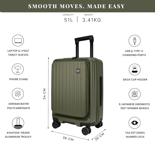Image of F Gear Montreal Small Cabin Pro 54cm German Polycarbonate Hard Luggage |8 Japanese Hinomoto Silent Wheels|USB & Type-C Charging | Front Opening Suitcase for Travel (Army Green)