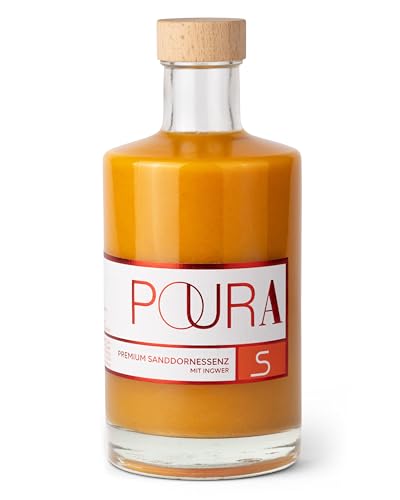 Poura Sanddornsirup 495ml vegan 100% natürlich - Mit Vitamin C für eine normale Funktion des Immunsystems Sirup mit 26% Sanddorn-Saft Mit Ingwer Maca Wacholder & Acerola