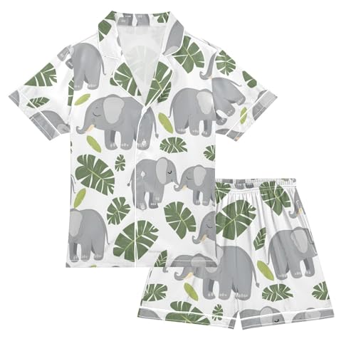 ALAZA Elephant Palm Leaf White Pajamas Satin Pajama Set Short Sleeve Button Down Sleepwear