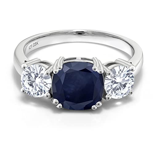 Gem Stone King 3.82 Cttw Blue Sapphire and White Moissanite 3 Stone Engagement Ring For Women | 925 Sterling Silver | Gemstone September Birthstone | Cushion 8MM | Available in Size 5,6,7,8,93
