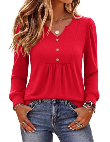 Image of Zeagoo Womens Long Sleeve Tops Fall V Neck Shirt Casual Pleated Tunic Top